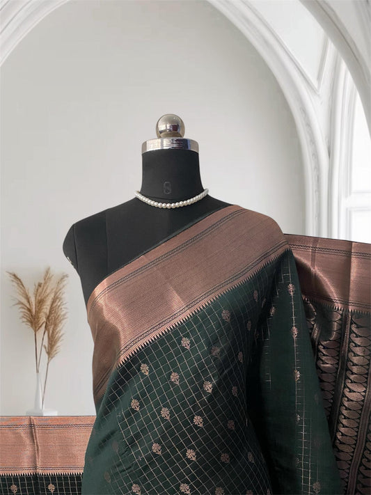 Radhima Green Royal Checks Silk Saree with Golden Zari
