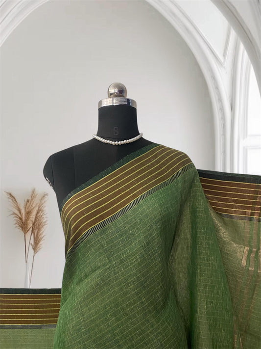 Classic Linen Saree - Green with Aesthetic Border
