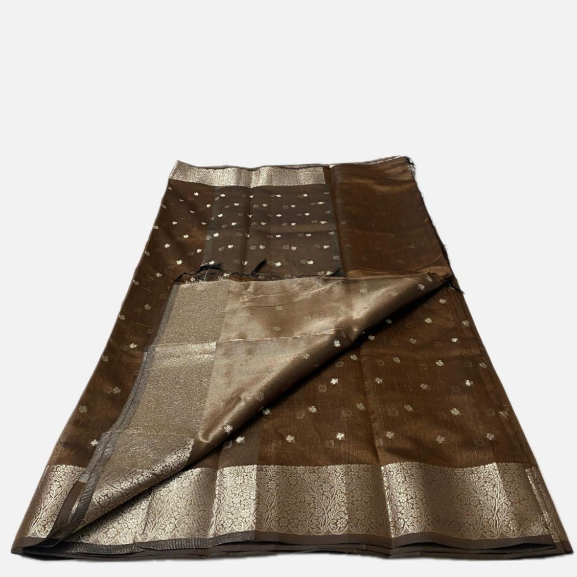 Brown & Gold Zari Tissue Silk Saree