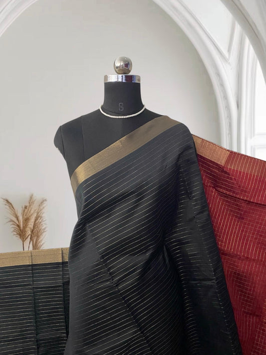 Bairavi Regal Black & Red Silk Saree with Golden Stripes
