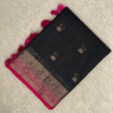 Black Semi Jute Festive Saree with Pink Contrast Woven Border
