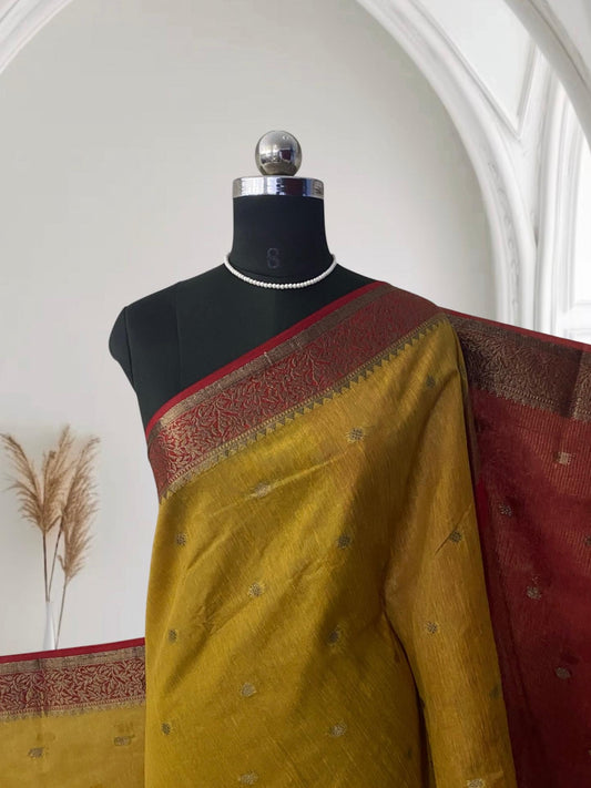 Mustard Semi Jute Festive Saree with Maroon Contrast Woven Border