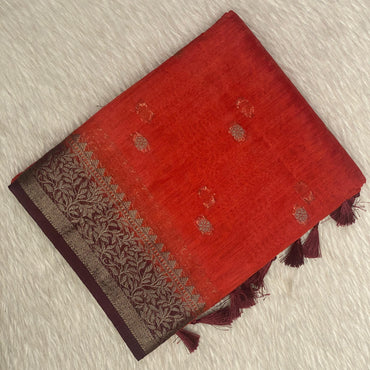 Rust Orange & Deep Brown Zari Woven Semi Jute Saree