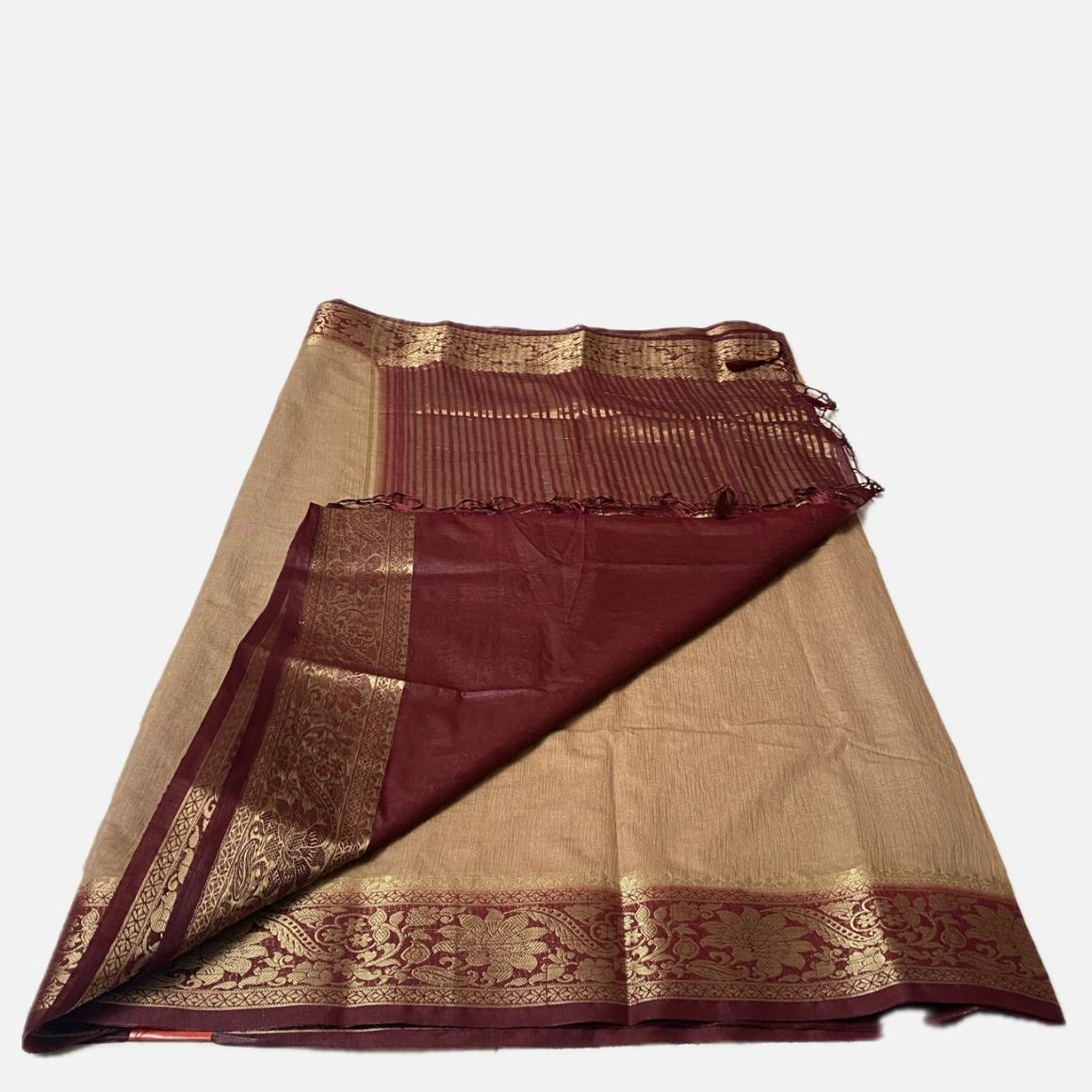 Rajamallika Golden Beige & Rich Maroon Zari Woven Semi Jute Saree