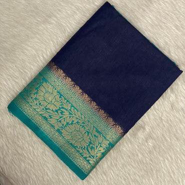 Rajamallika Navy Blue & Teal Zari Woven Semi Jute Saree