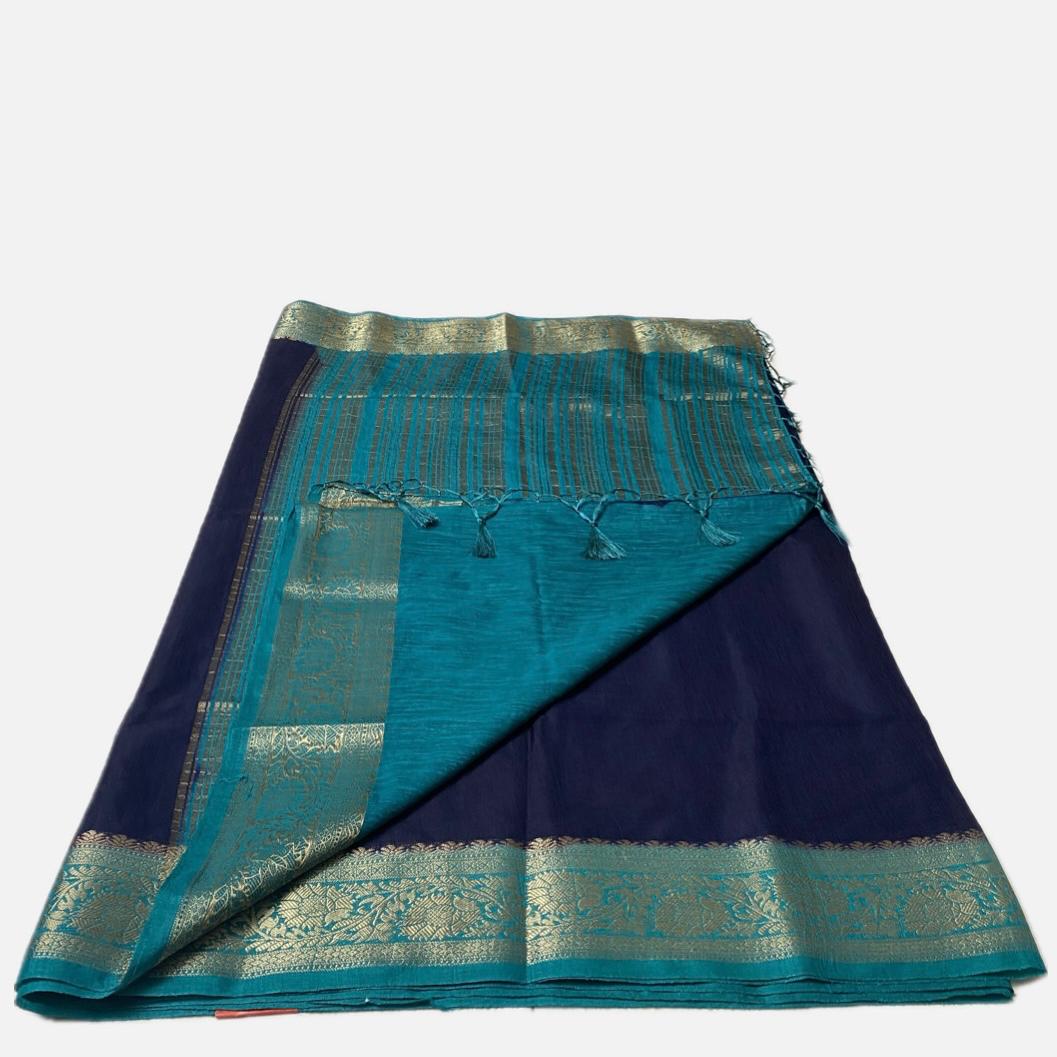Rajamallika Navy Blue & Teal Zari Woven Semi Jute Saree