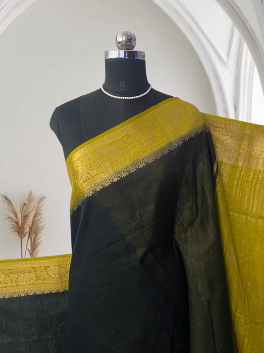 Rajamallika Black & Yellow Gold Semi Jute Silk Saree