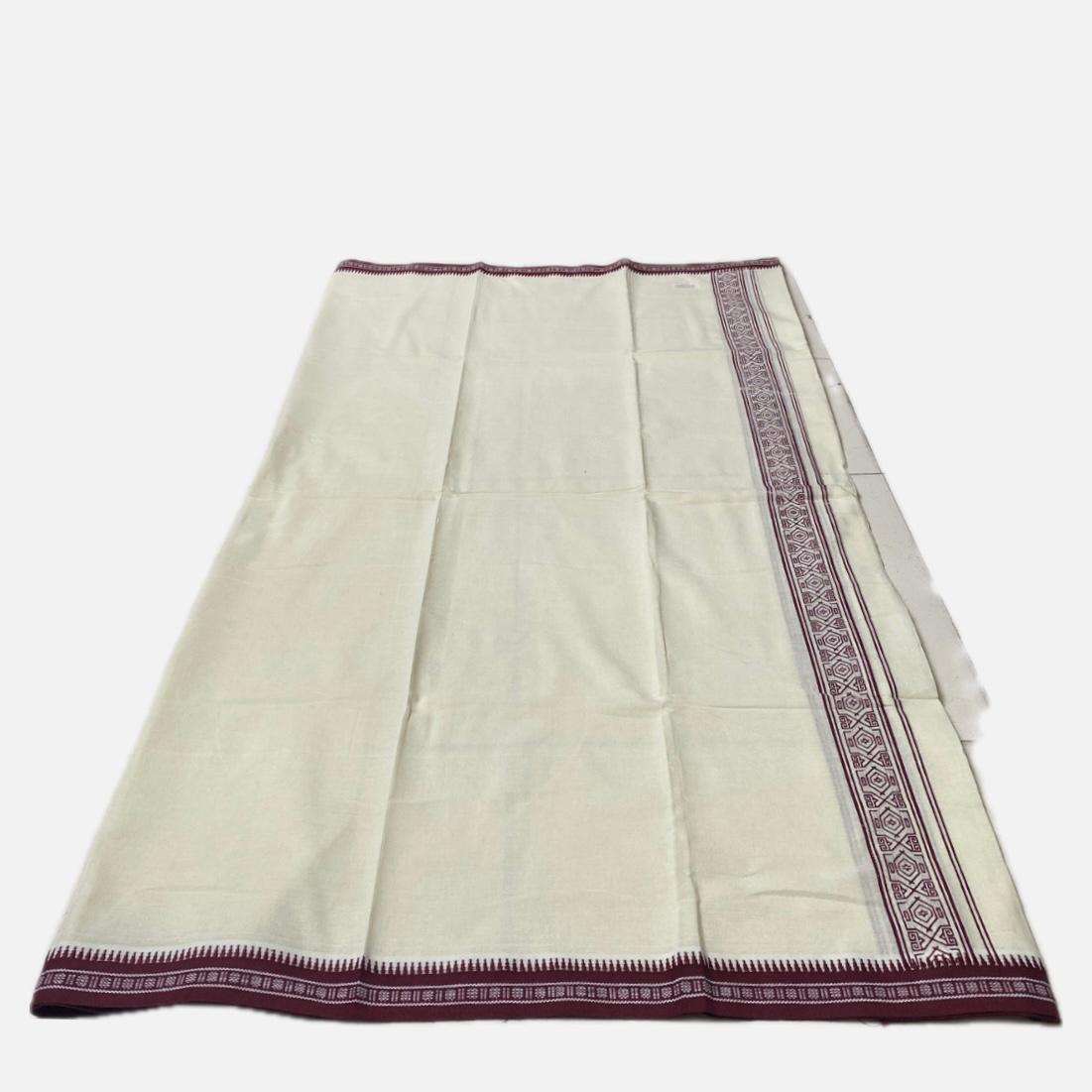 White Dhoti with Maroon Geometric border