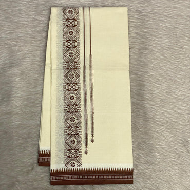 White Dhoti with Brown Geometric border