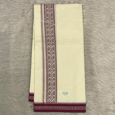 White Dhoti with Maroon Geometric border