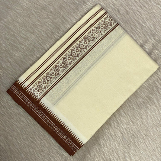 White Dhoti with Mustard Brown Wheel Heritage Dhoti