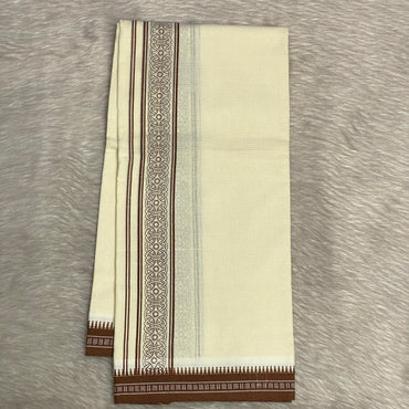 White Dhoti with Mustard Brown Wheel Heritage Dhoti