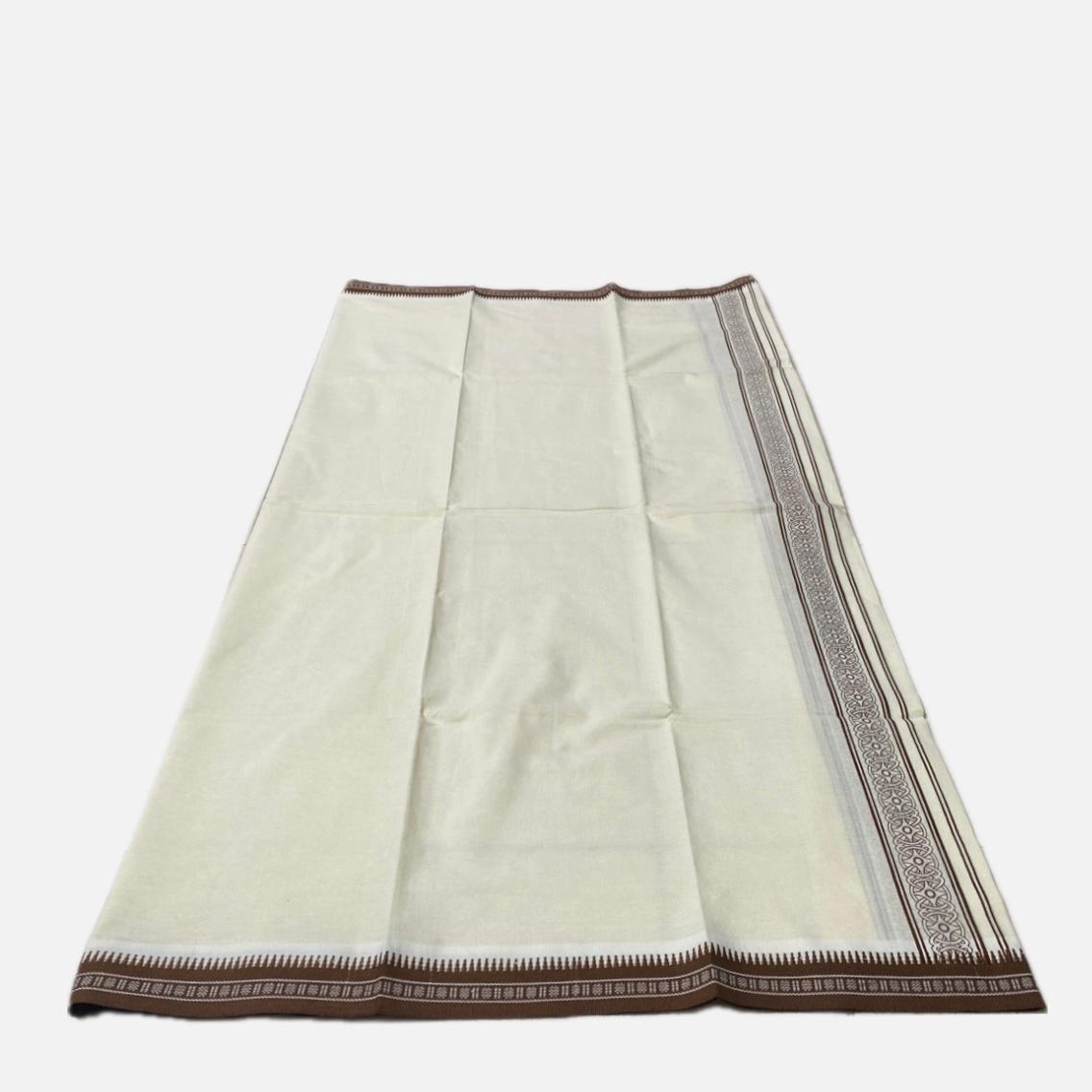 White Dhoti with Mustard Brown Wheel Heritage Dhoti