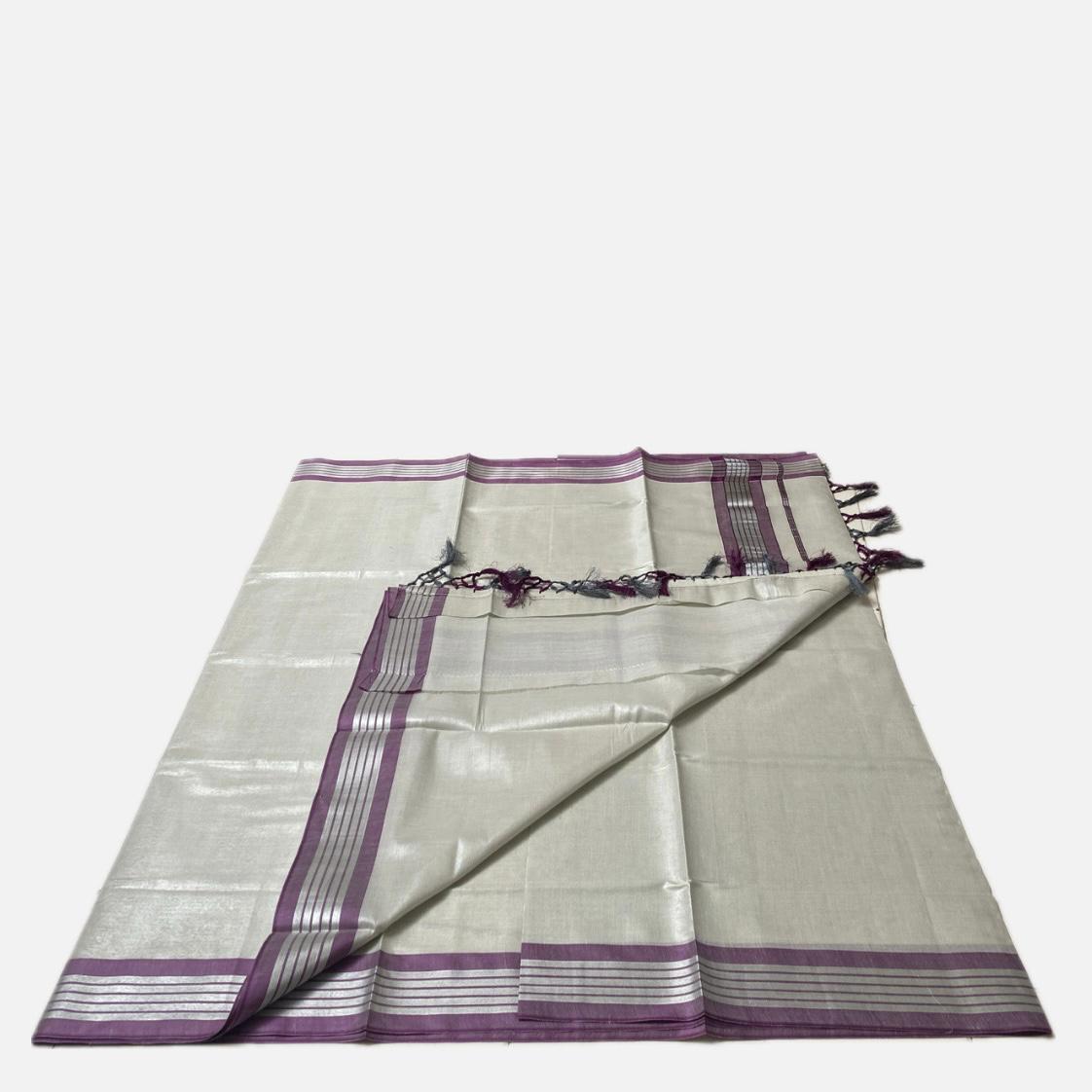 Silver Tissue Saree with Violet Contrast Border