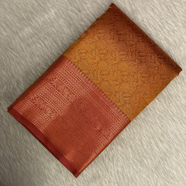 Rich Dark Mustard & Brick Red Kanjivaram-Style Semi Silk Saree (Wedding Collection)