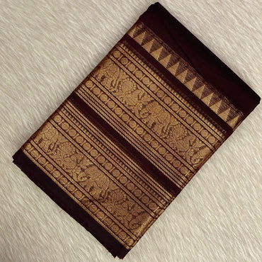 Classic Brown Kanchi Cotton Saree with Traditional Border