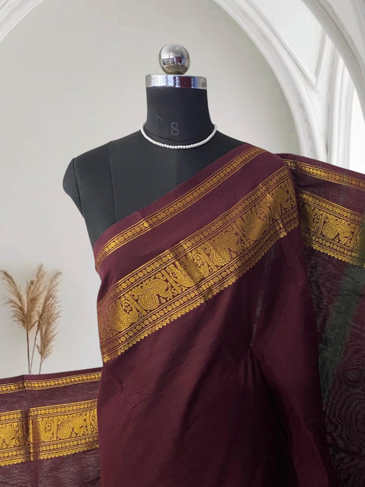 Classic Maroon Kanchi Cotton Saree with Traditional Border