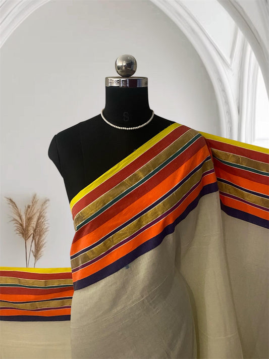 Vibrant Multi-Color Striped Design Mul Cotton Saree