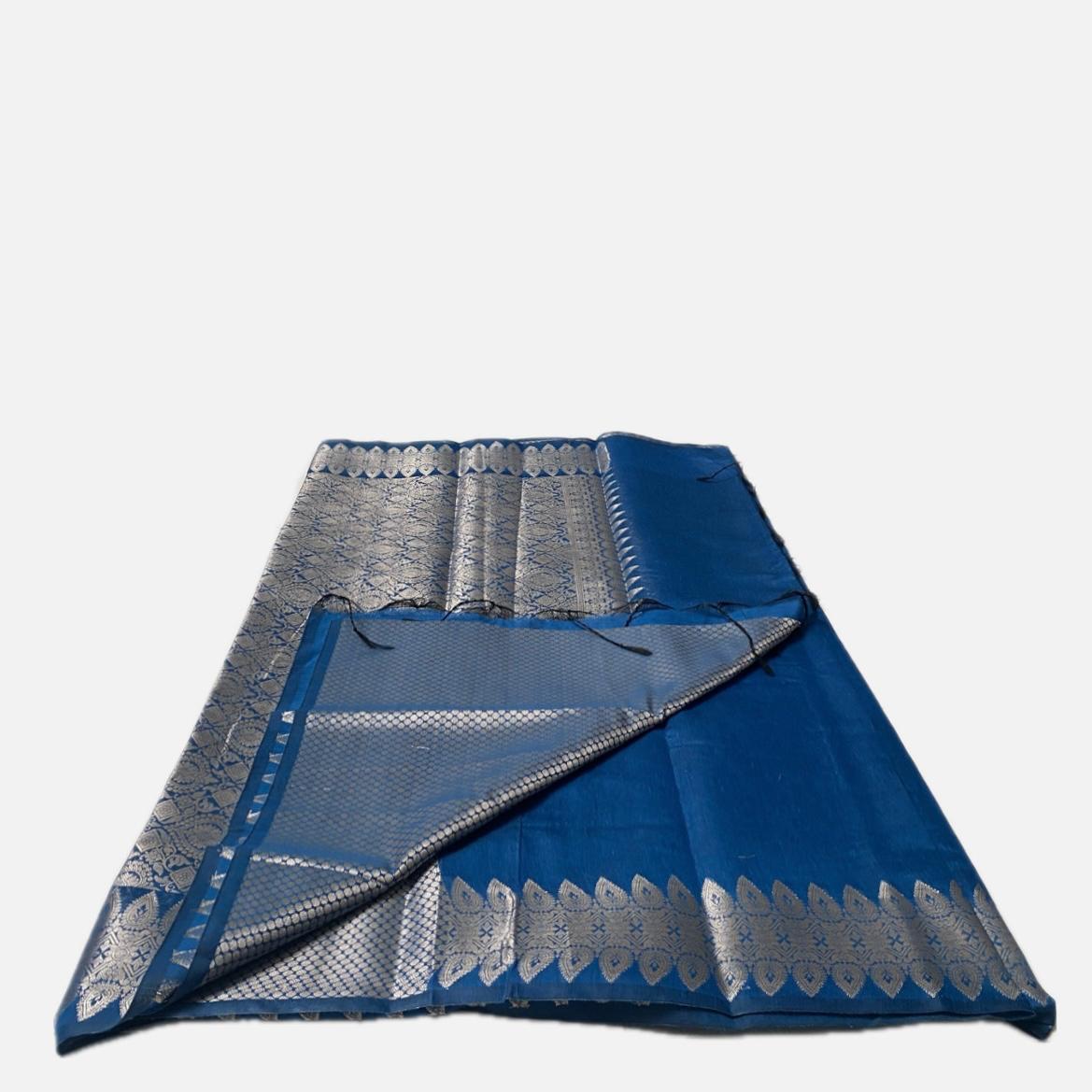 Rich Blue Soft Silk Saree with Silver Zari Paisley Border