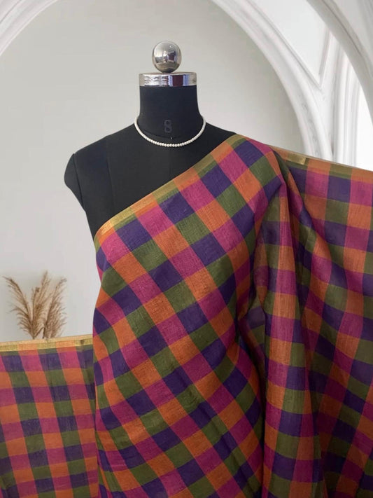Madras Check Cotton saree in Blue and Pink