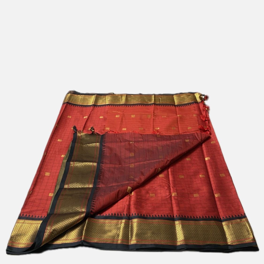 Avani Vibrant Red Checked Semi-Silk Saree with Golden Kasavu Border