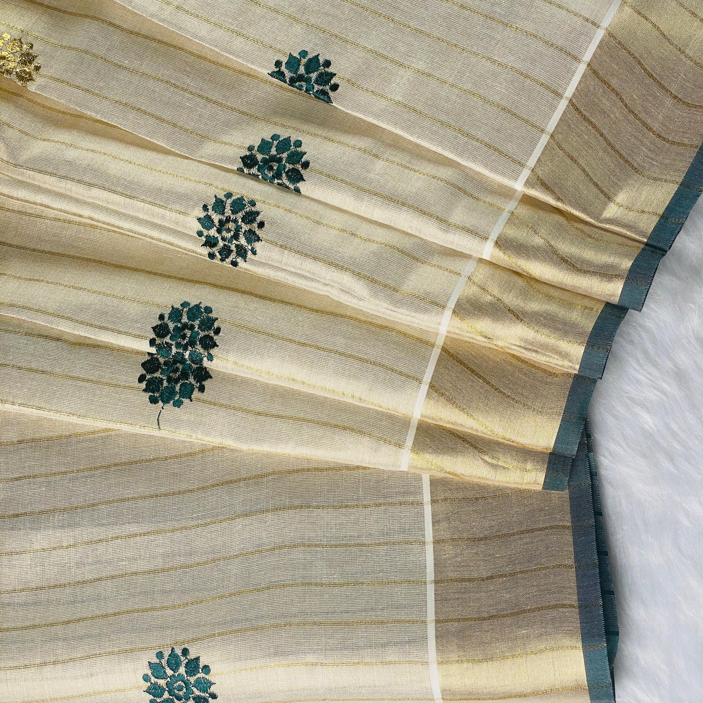 Kerala Saree with Body Full Striped Floral Embroidery Bottle Green