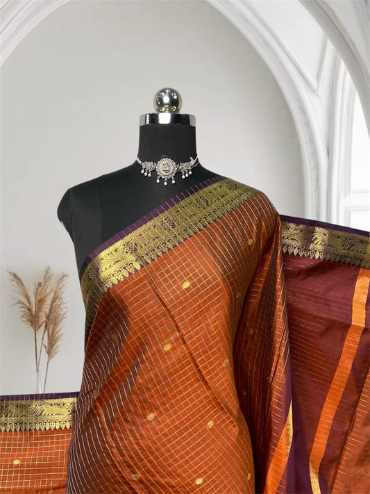 Kumudini Chithra Checks Semi Silk Saree with Designed Border Burnt Orange