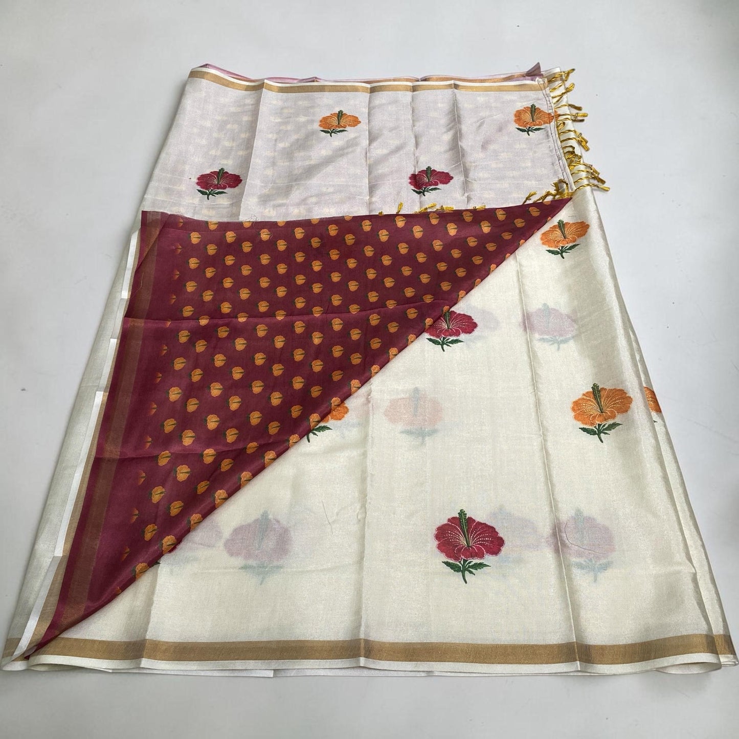 Ambujam Semi Khadi Saree with Hibiscus Design Off White