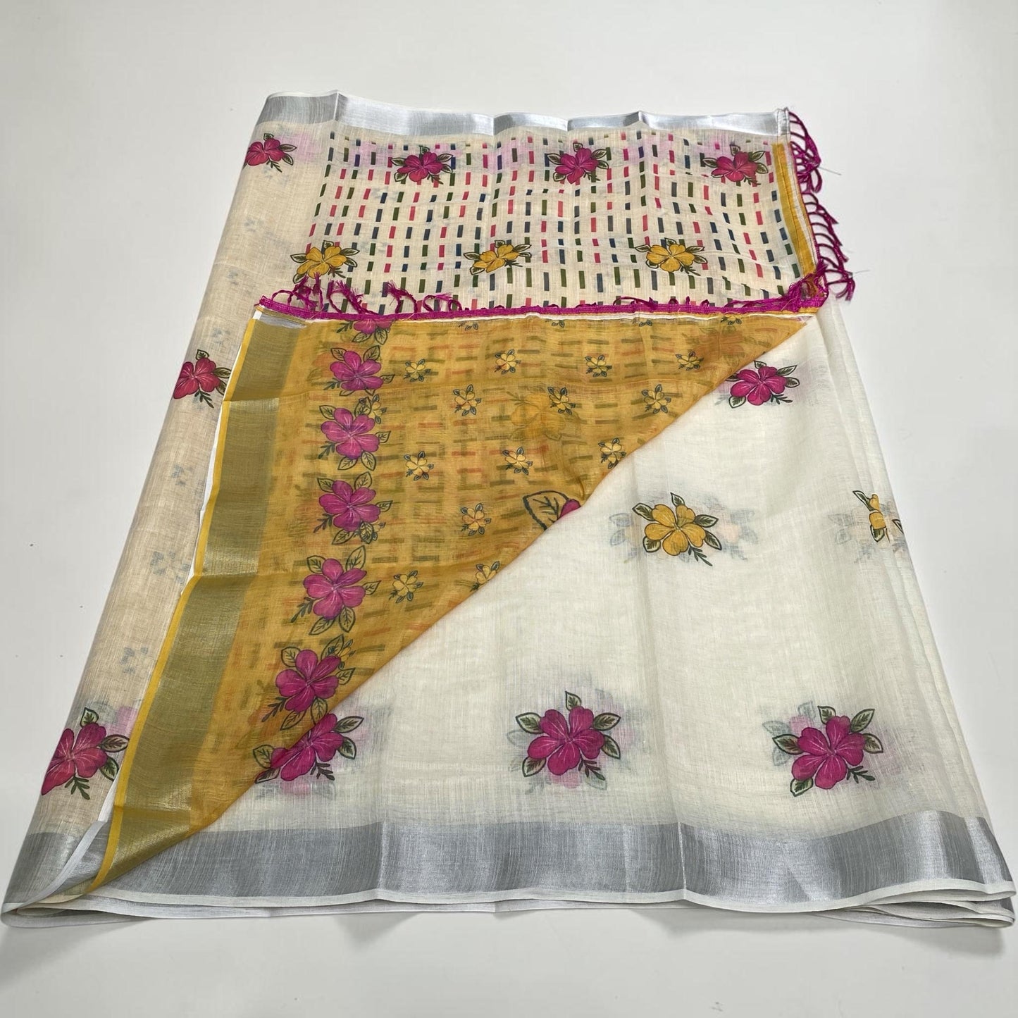 Ambujam Semi Linen Floral Design Saree with Purple Tassels