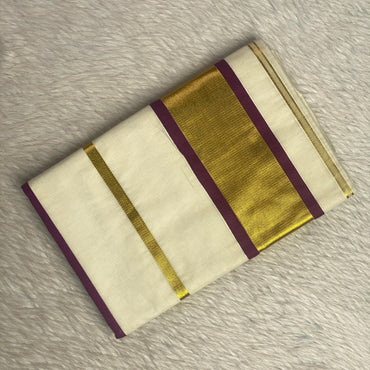 Premium Striped Cotton Set Saree with Violet & Golden Kasavu