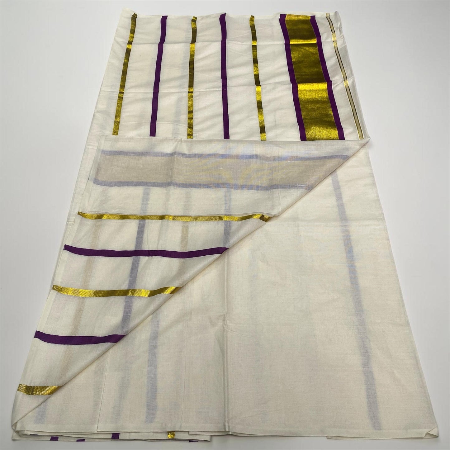 Premium Striped Cotton Set Saree with Violet & Golden Kasavu