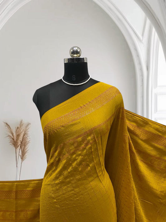 Veda Kashmiri Silk Big Checks Saree with Double Line Border Mustard