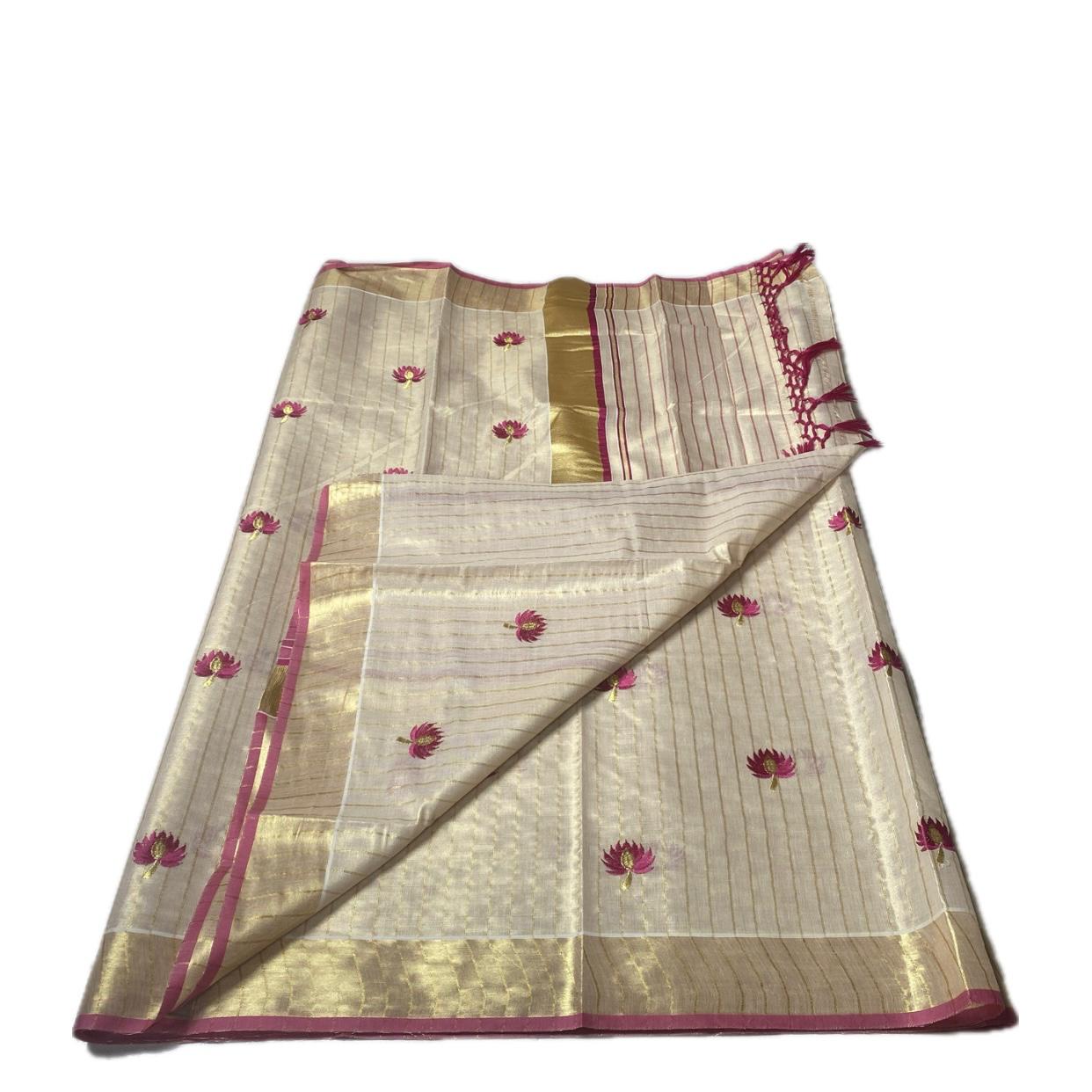 Medam Pink Floral Kasavu Tissue Saree