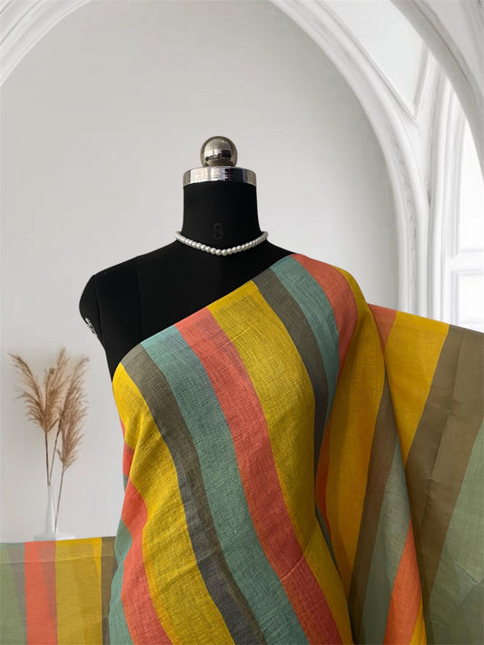 Anugraha Sunrise Striped Semi Linen Saree in Yellow