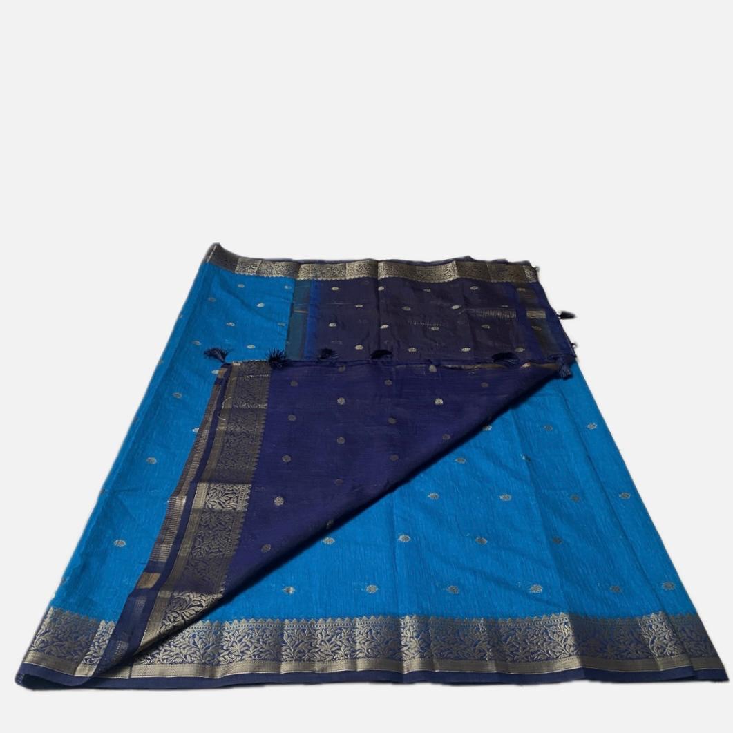 Blue Semi Jute Festive Saree with Black Contrast Woven Border