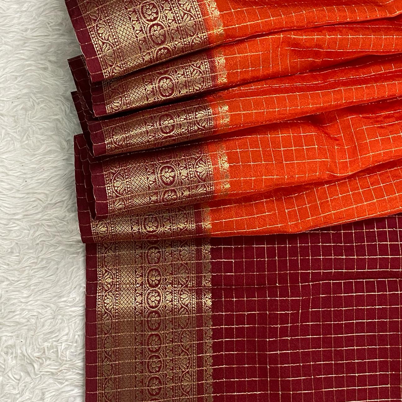 Premium Banarasi Checks with Floral Border – Burnt Orange