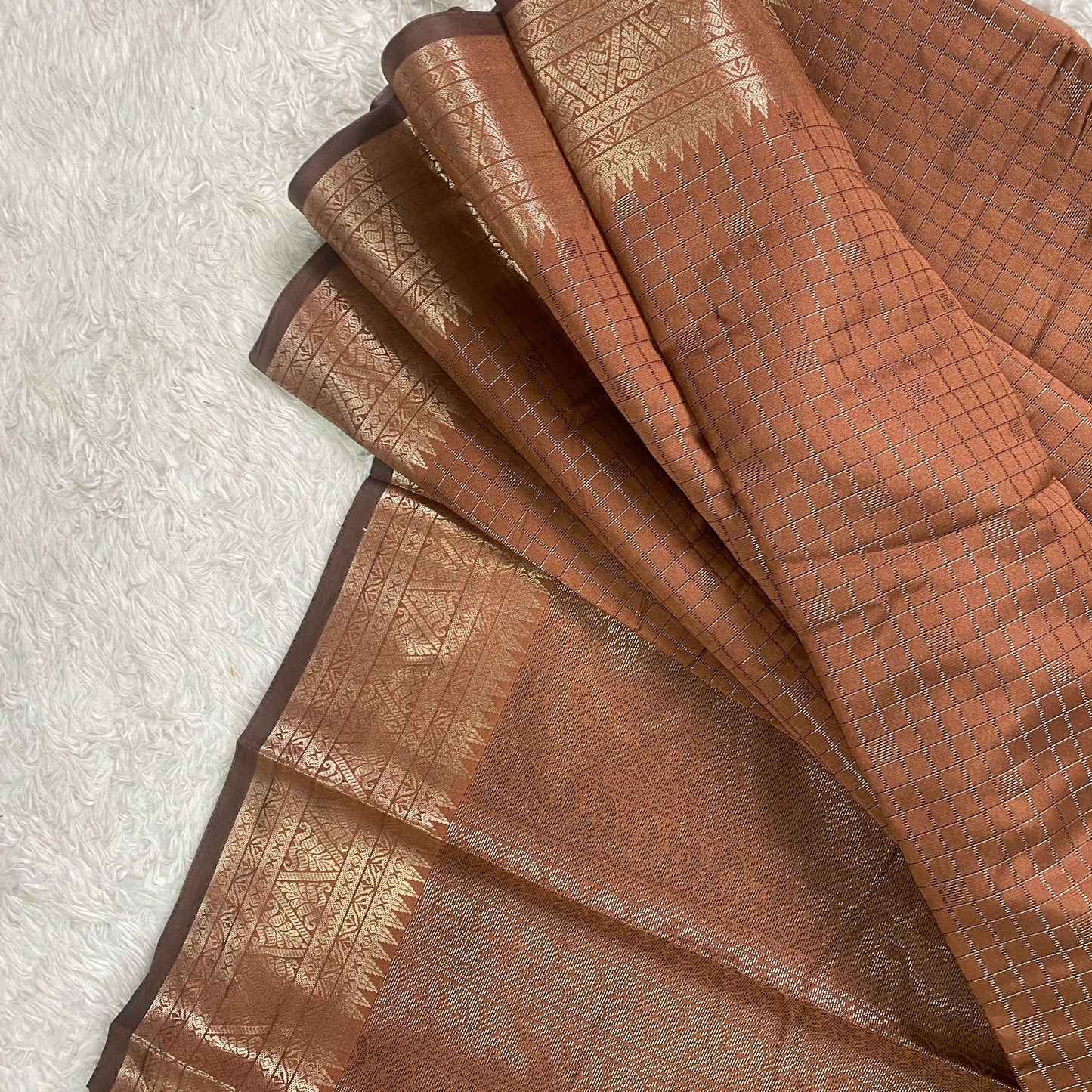 Semi Silk Tissue saree Checks with Triangle Border Brown