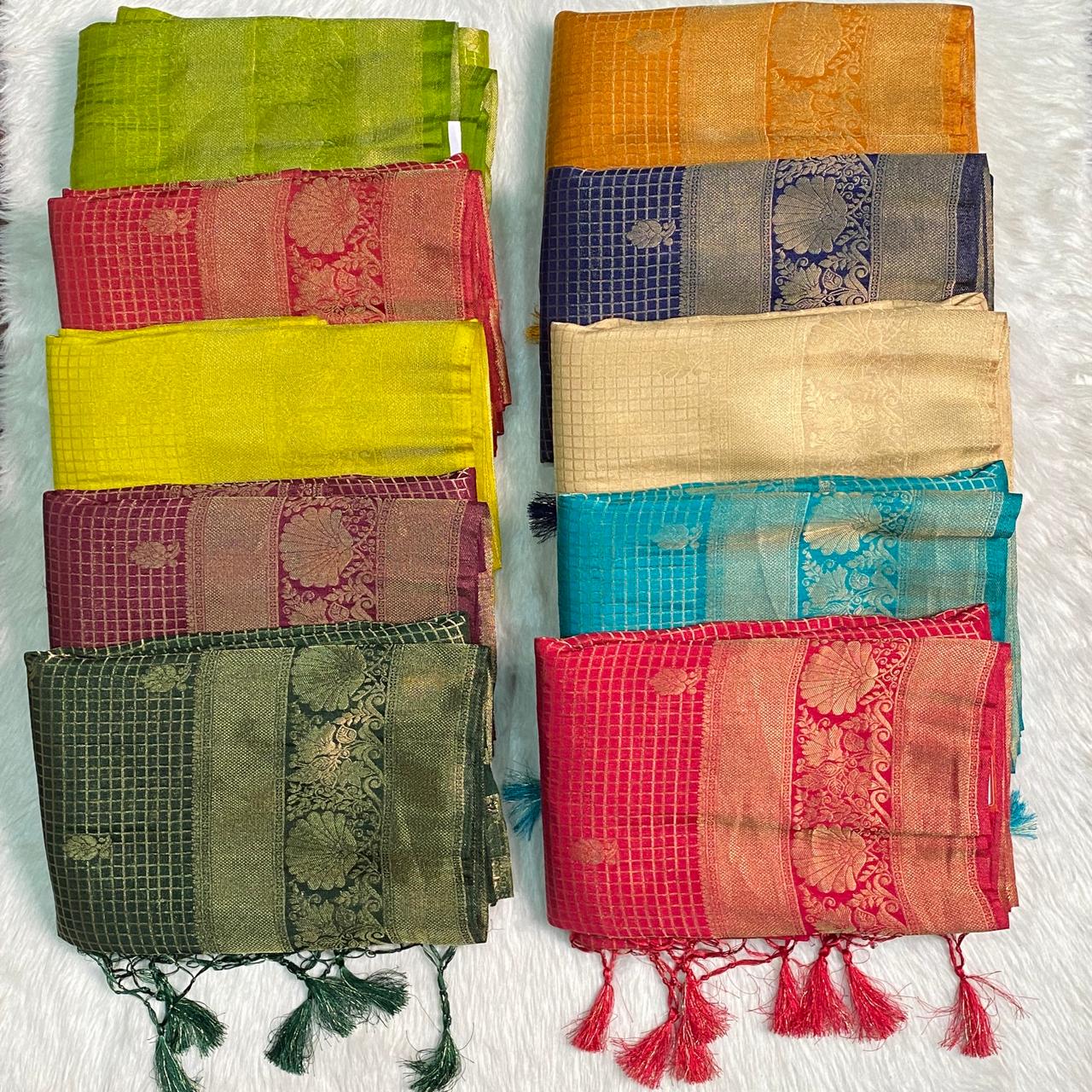Georgette Banarasi Checks Saree Dark Green