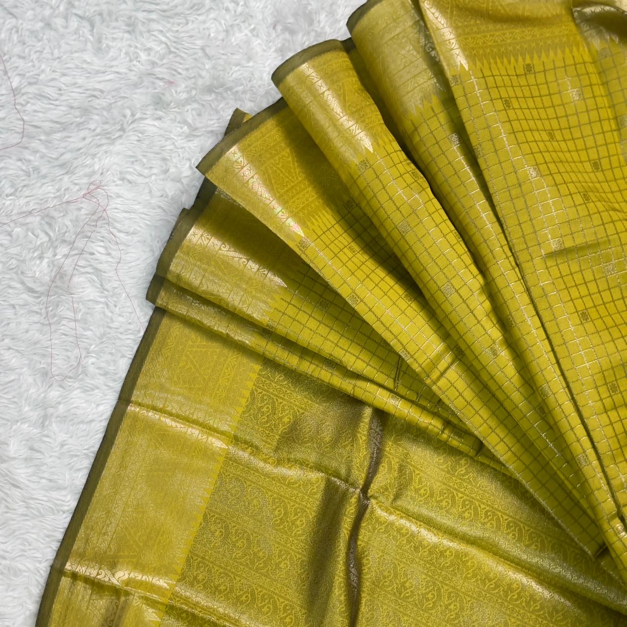 Semi Silk Tissue saree Checks with Triangle Border Olive Green