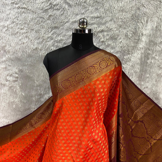Premium Banarasi Saree Checks with Floral Border Burnt Orange