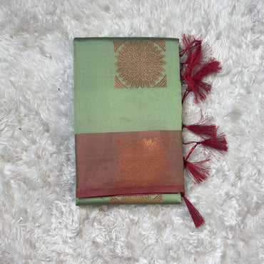 Semi Soft Silk Square Floral Pattern Printed Saree Pista Green