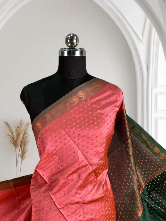 Banarasi Butti Semi Silk with Floral Border Saree Peach