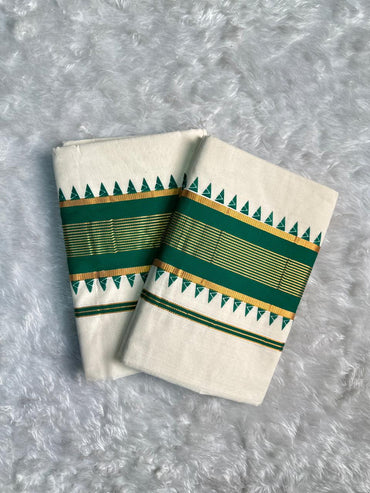 Traditional Set Saree with Green Triangle Pattern