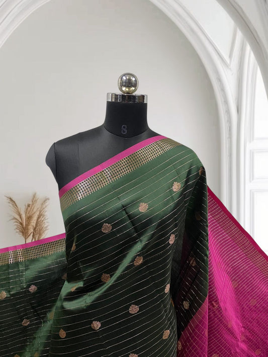 Check Saree Soft Silk with butta designs Dark Green