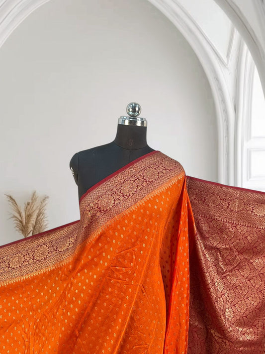 Pure Banarasi Orange with Meroon Border