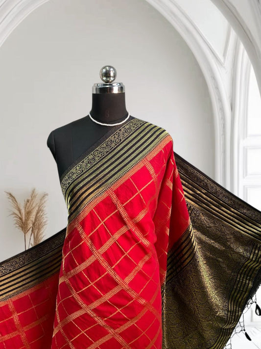 Premium Georgette Red Banarasi Checkered Saree