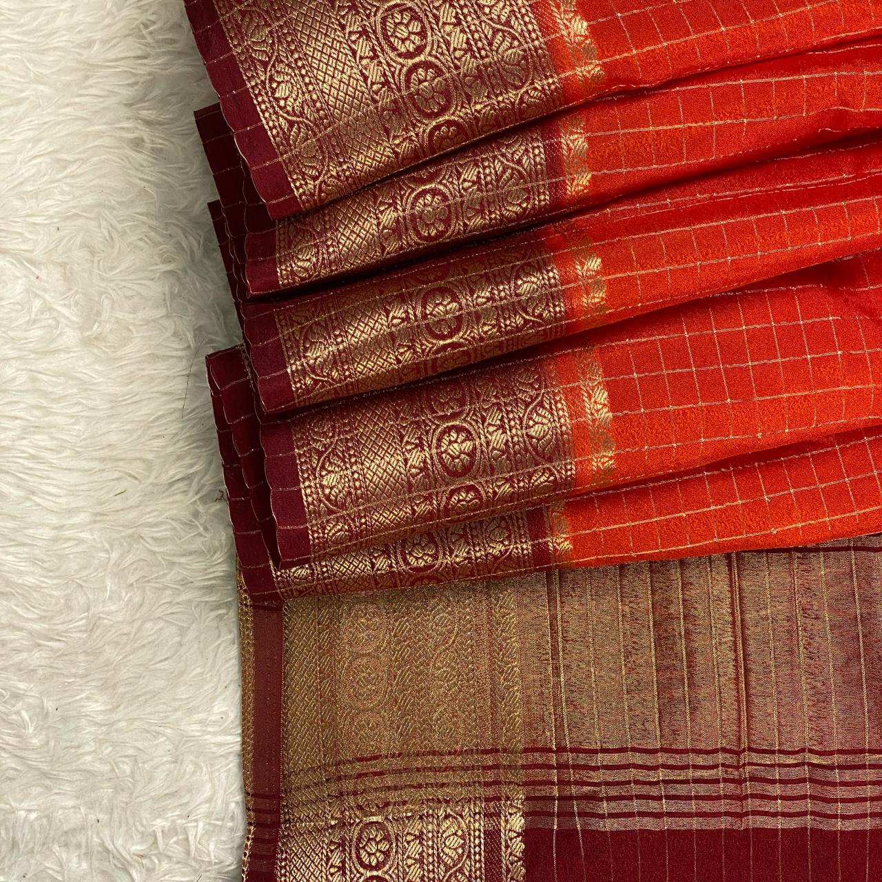 Premium Banarasi Checks with Floral Border – Burnt Orange
