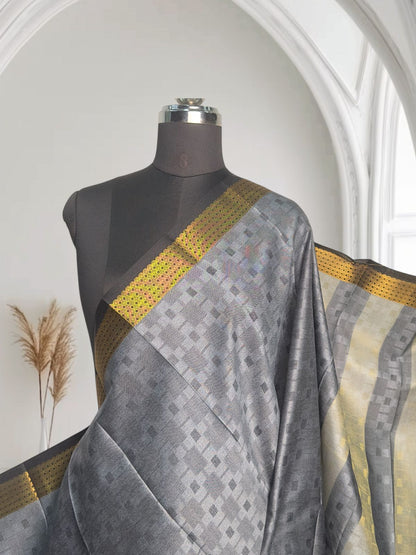 Cotton Saree Ash with Navy Blue Border