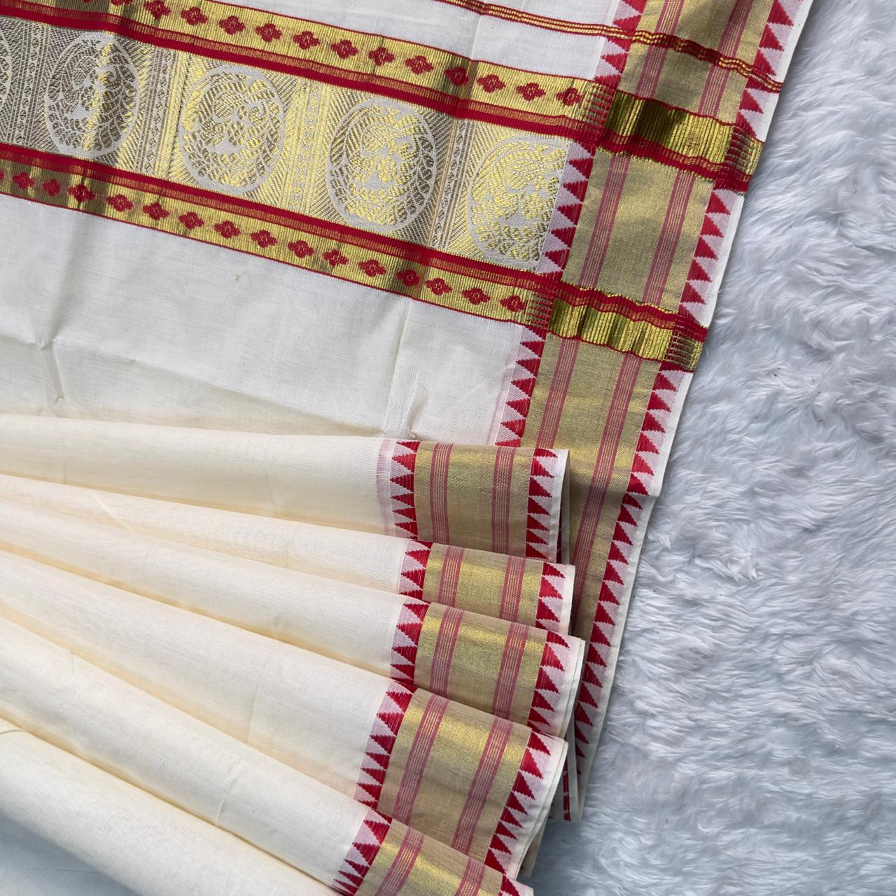 Swarna Chakram Kasavu Saree with Red Border