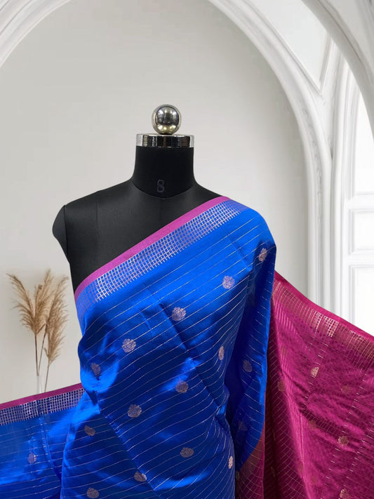 Check Saree Soft Silk with butta designs  Royal blue
